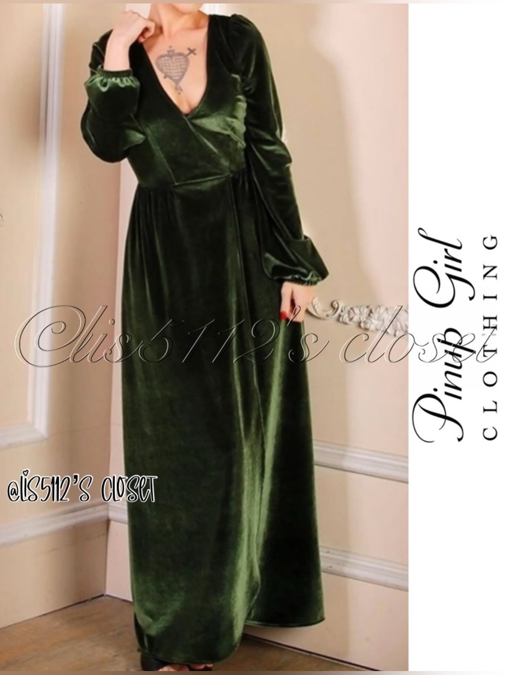 Pinup Couture Bianca 70’s Velvet Gown in Olive Green Laura Byrnes PUG Plus 3X